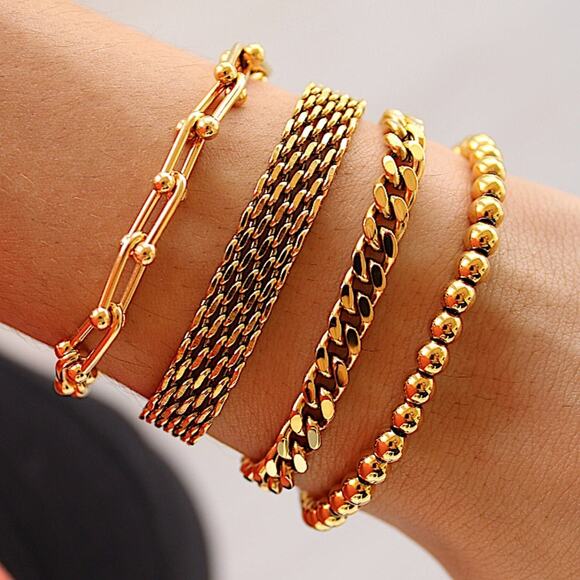 Gold Plated Bracelet Set, U Link, Mesh, Cuban, Beaded, Chain Link Bundle - Picture 3 of 5